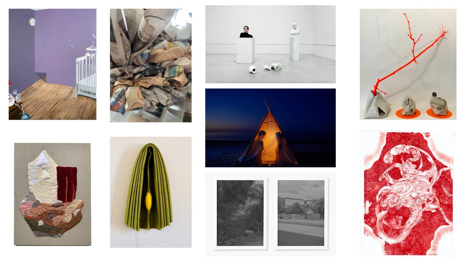 A few works from the In/Between 2024 cohort. Artist Credits (left to right, top to bottom): Azadeh Nia, Eiko Nishida, Lafina Eptaminitaki, Ruoyun Chen, Mari Nagem, Lee Jensen, Melika Abikenari, Vera Saldivar de Lira, Doi Kim